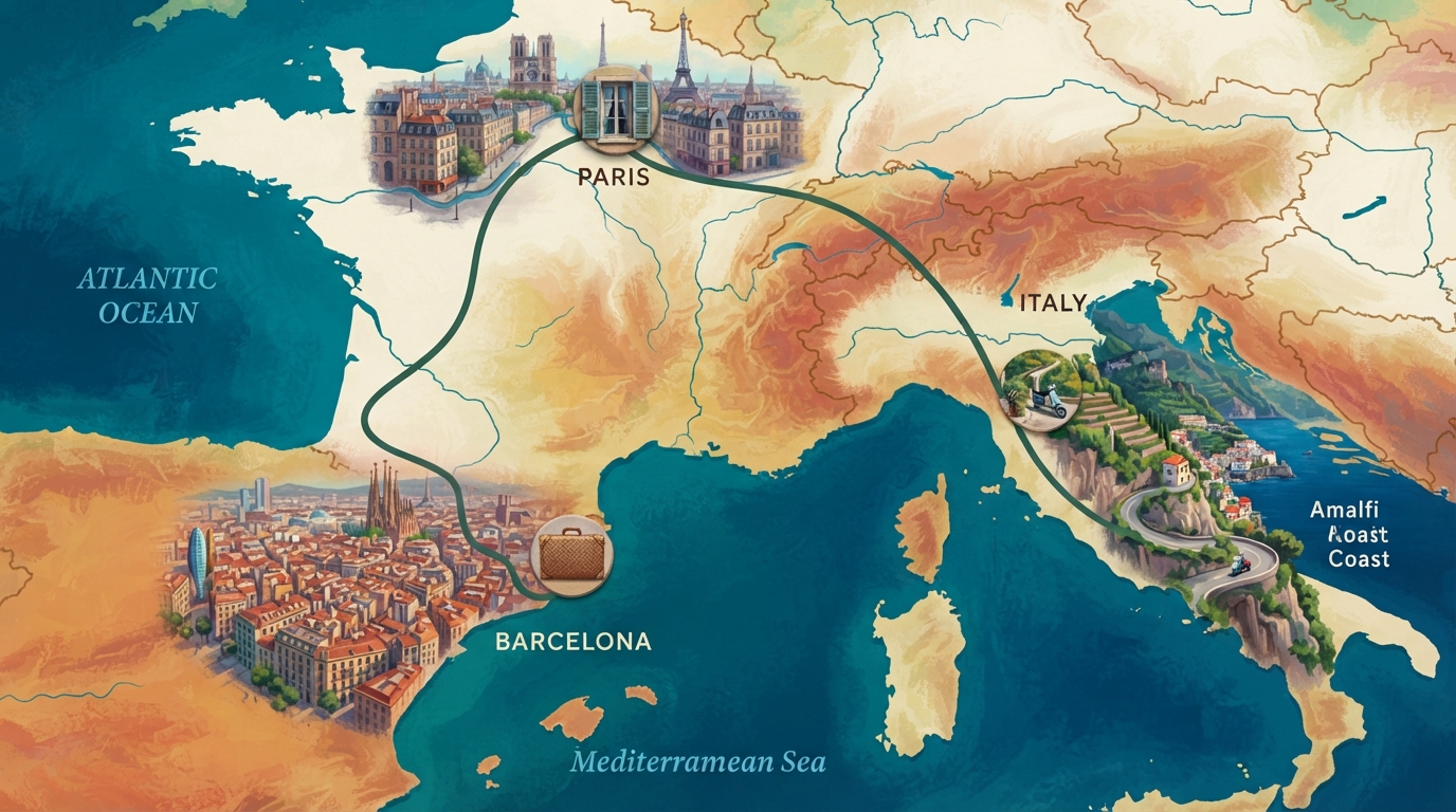 Editorial illustration of Illustrated map fragment showing three coastal European regions rendered in cream and ochre tones, with small painted ic