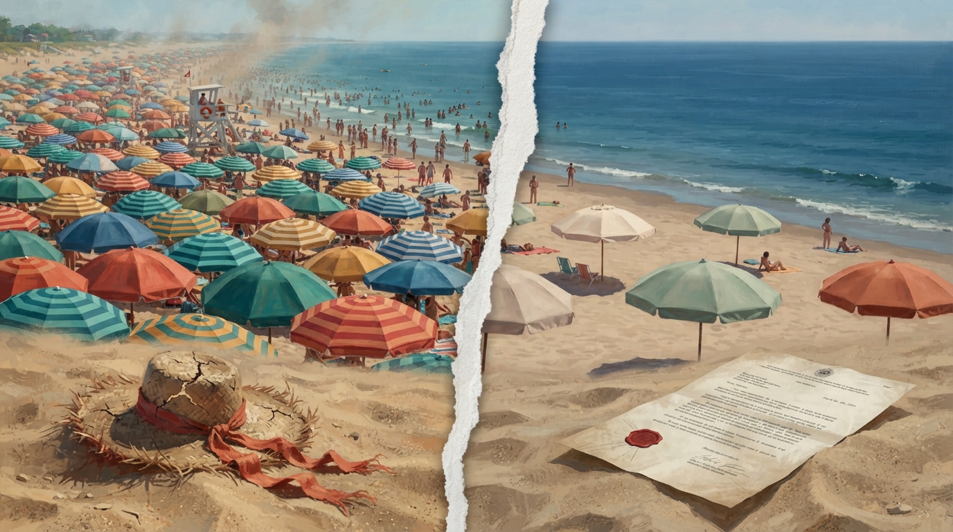 Illustration éditoriale d'une page de calendrier déchirée en deux : la partie gauche montre des parasols de plage serrés les uns contre les autres