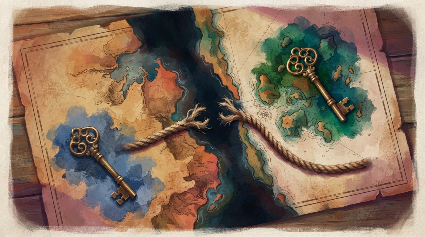 Editorial illustration of Overhead flat-lay of two ornate brass keys resting on an unmarked, weathered chart divided by a narrow channel of dark w