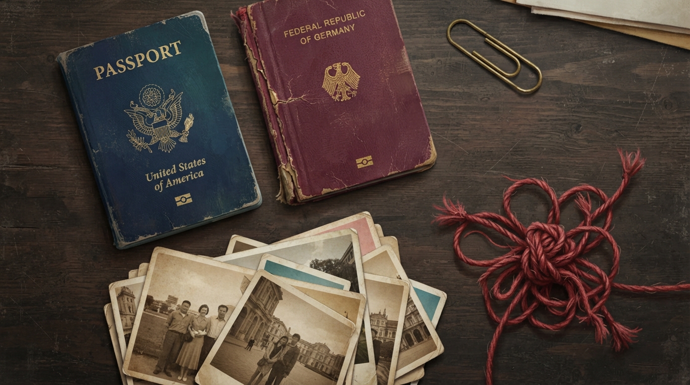 Editorial illustration of Overhead flat-lay of two closed passport covers on a dark wooden desk, one navy blue with worn gold-foil edges, one fade