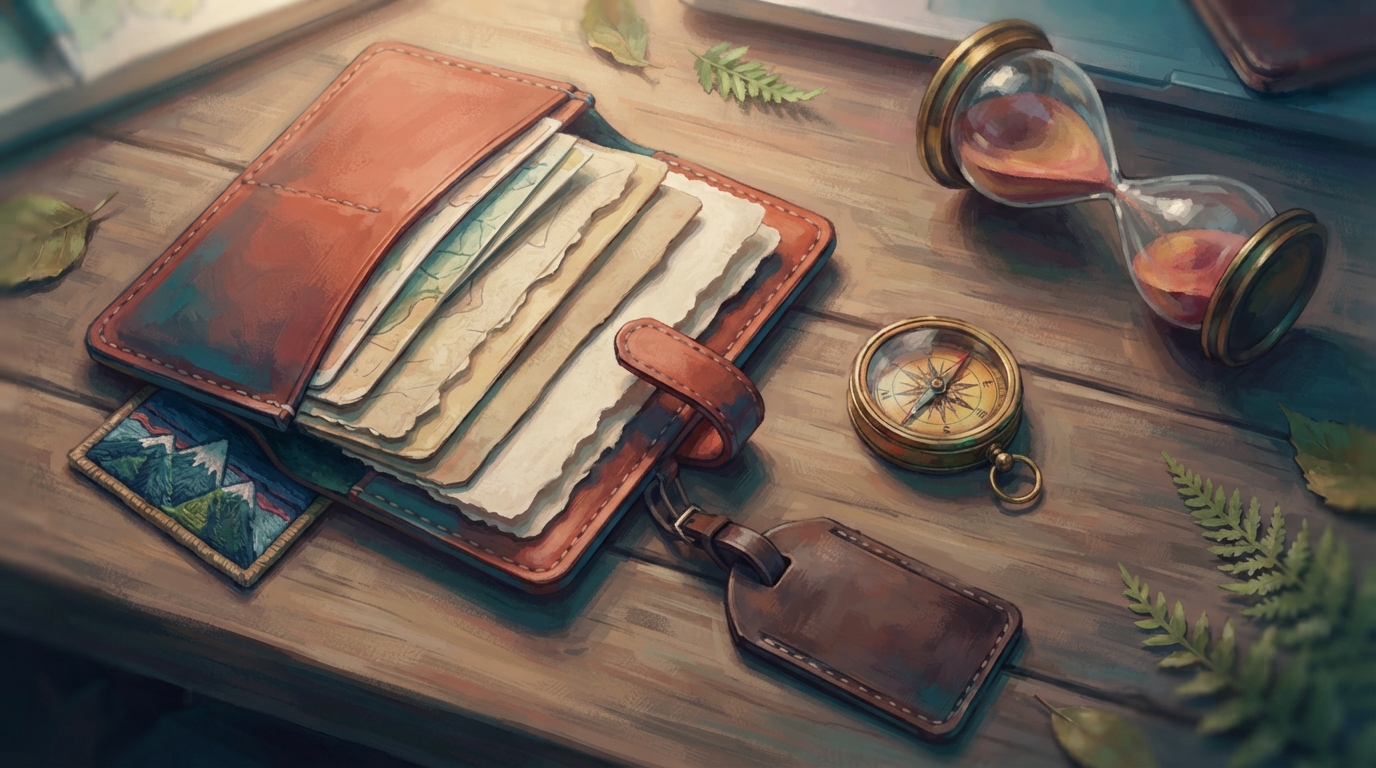 Editorial illustration of Overhead flat-lay of a compact leather document wallet lying open on a wooden desk, its blank paper sleeves fanned out b