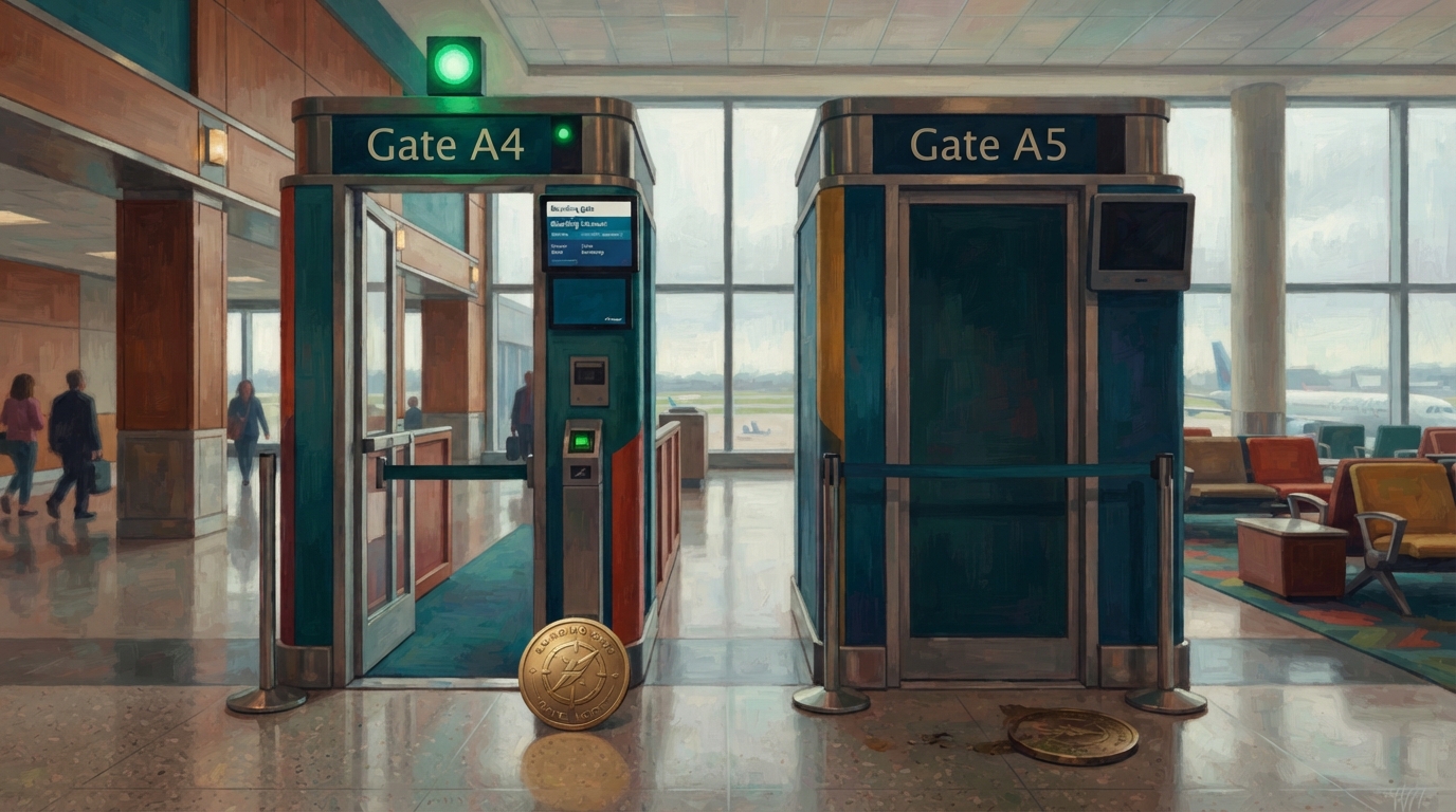 Editorial illustration of Two identical airport boarding-gate frames stand side by side, representing UK ETA vs ETIAS 2026