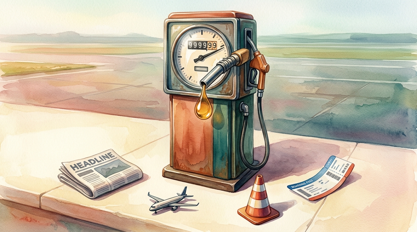Aquarell-Illustration einer hohen Kerosin-Zapfsäule auf einem Flugfeld mit dramatisch ausgeschlagenem analogen Preisanzeiger und einem dicken bernsteinfarbenen Treibstofftropfen in der Luft