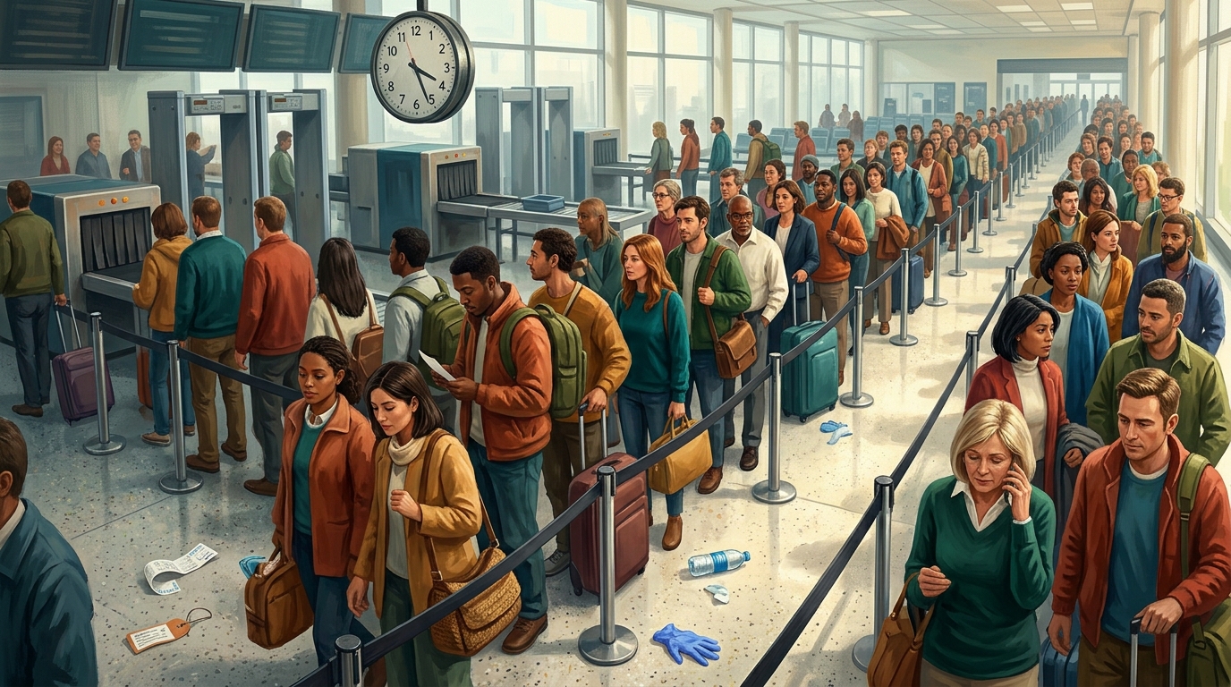 Aquarell-Illustration einer langen Sicherheitskontrollschlange, die sich in einem sonnenbeschienenen Terminal zwischen Absperrgurten windet und tief in den Hintergrund zieht