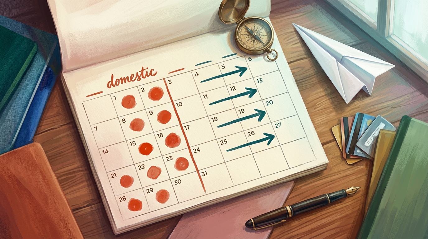 Aquarell-Illustration einer Flatlay-Entscheidungsszene aus der Vogelperspektive auf einem Eichenholzschreibtisch: ein aufgeschlagener Wandkalender mit Sommer-Monaten und zwei Spalten markierter Tage