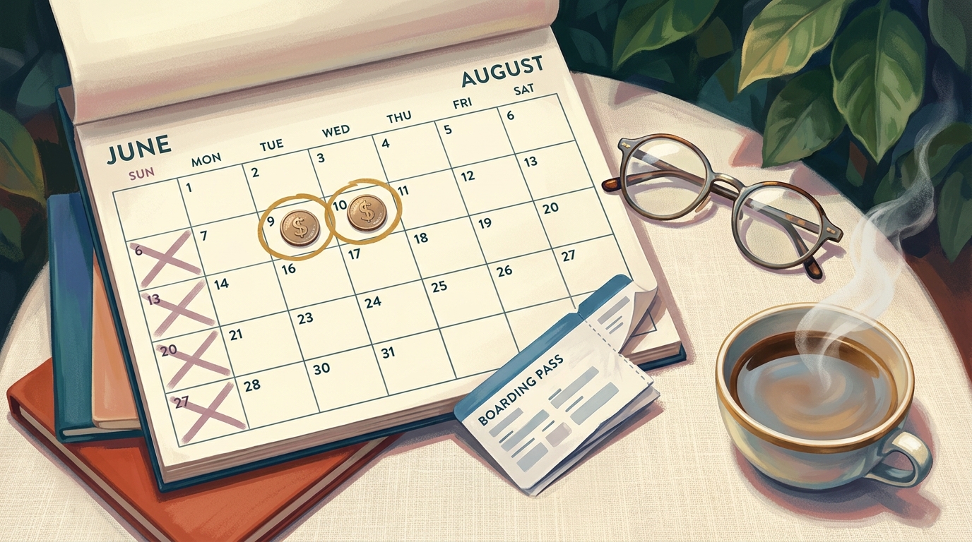 Aquarell-Illustration eines Flatlays auf einer cremefarbenen Leinenfläche mit einem aufgeschlagenen Tischkalender, der die Anfang-Juni- und Ende-August-Seiten zeigt