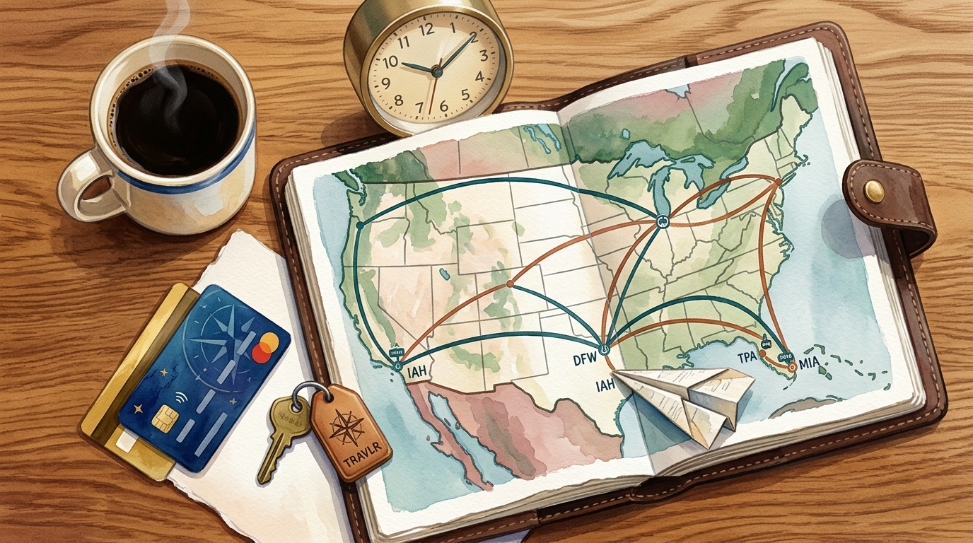 Aquarell-Illustration einer Flatlay-Reisestrategie-Szene auf einem warmen Eichenholz-Schreibtisch: ein aufgeschlagener ledergebundener Planer mit einer handgemalten US-Karte