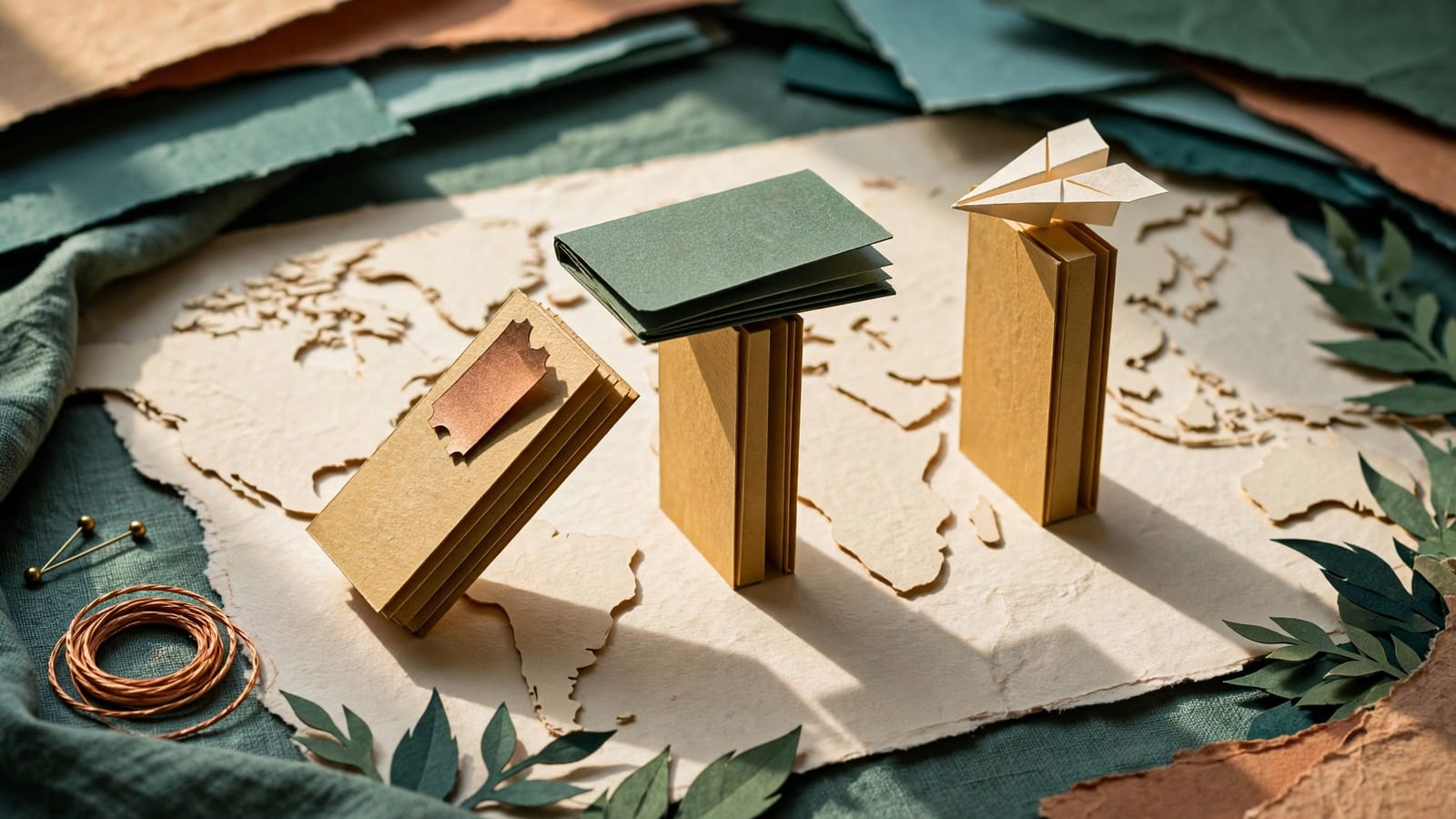 Three dominoes tipping in sequence across a map, each marked with a ticket, passport or plane
