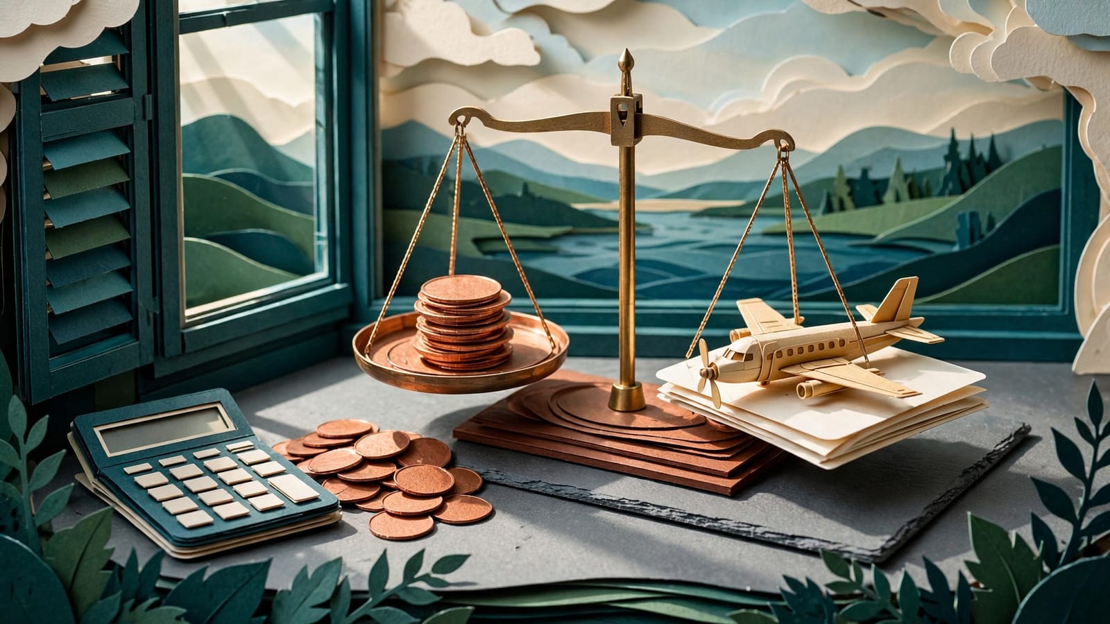 A brass balance scale weighing a stack of coins against a toy aeroplane and a boarding pass