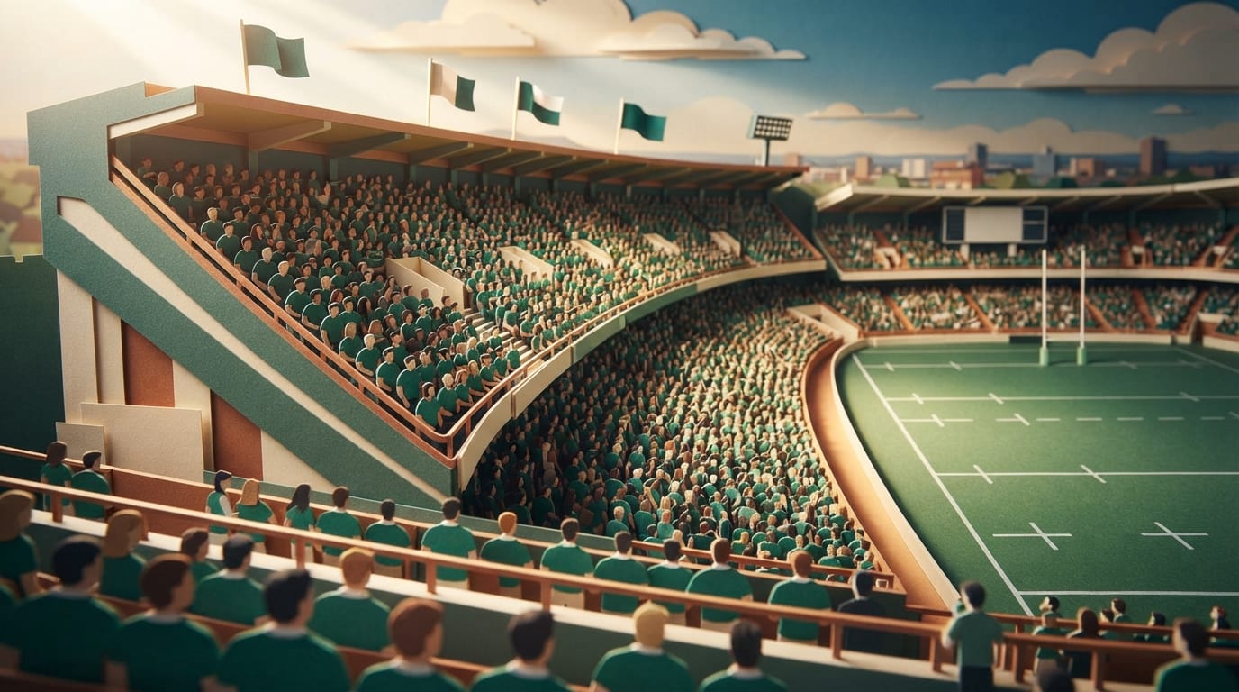 Supporters in green fill the stand at a Rugby World Cup match