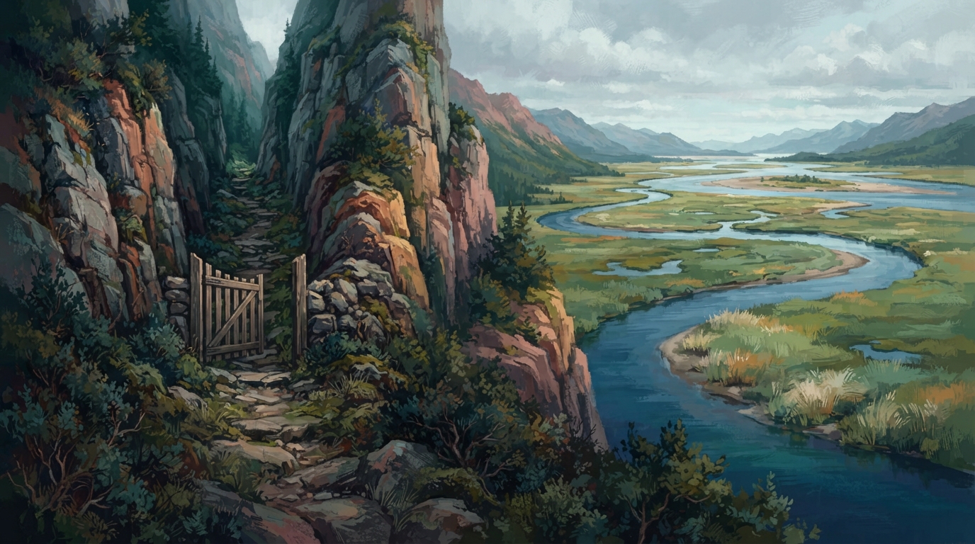 Editorial illustration of A steep, narrow mountain pass barely wide enough for a single footpath cuts between two sheer rock walls on the left sid
