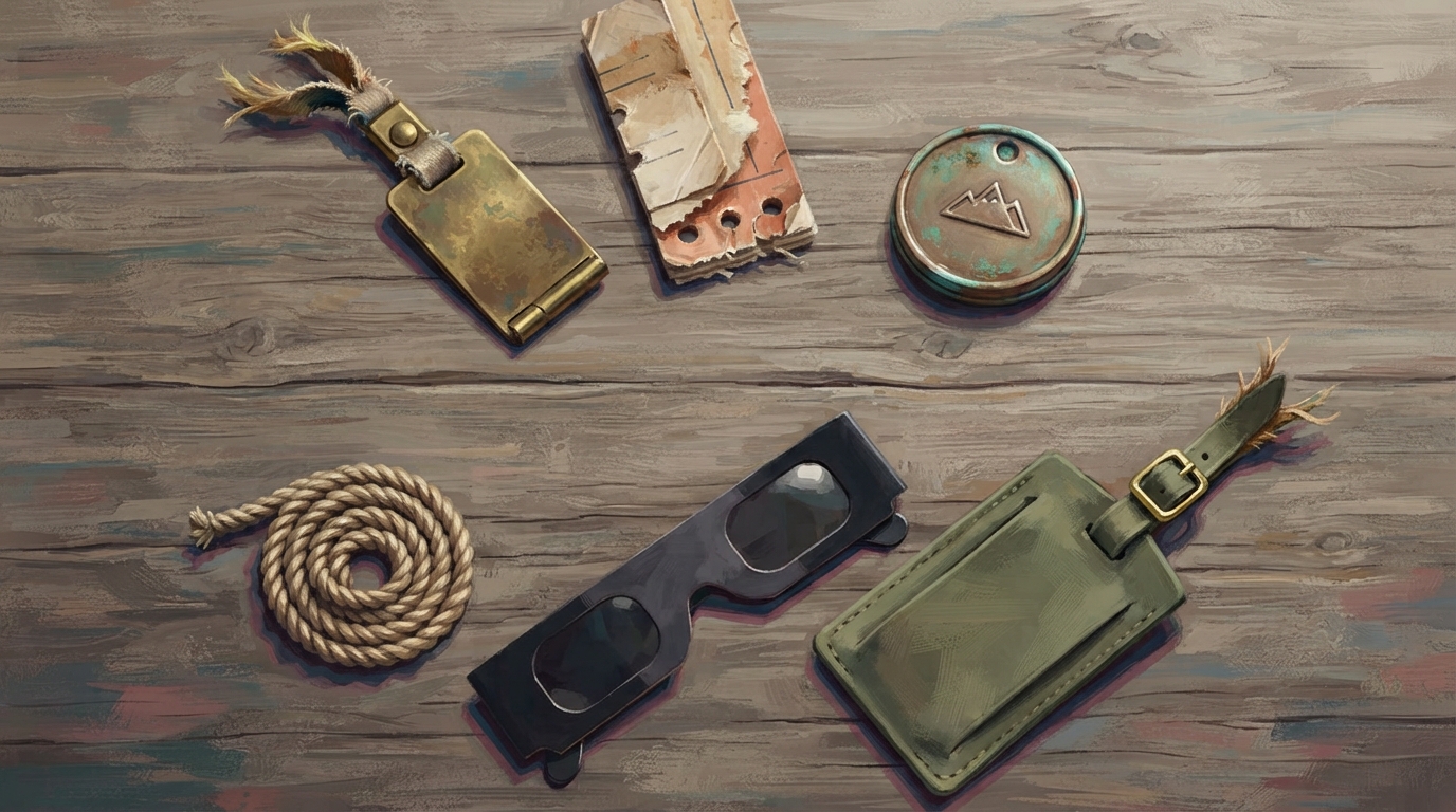 Editorial illustration of Overhead flat-lay of six small travel tokens scattered across a weathered oak table: a brass ski-lift pass clip, a punch