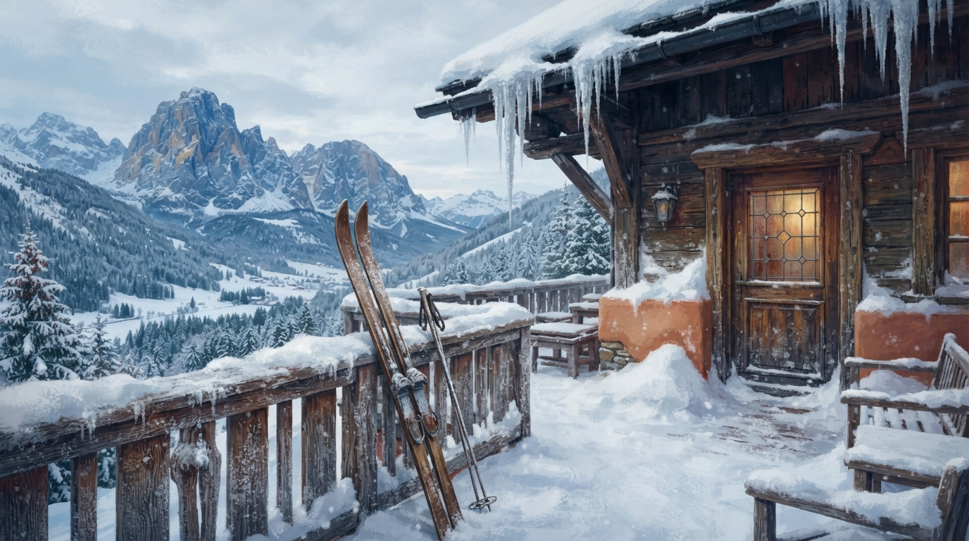 Editorial illustration of A steep-roofed alpine chalet balcony sits buried under fresh snowfall, thick icicles hanging from the eaves and a single