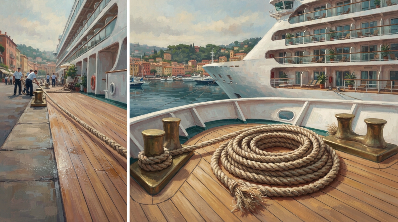 Editorial illustration of A weathered ship's mooring rope lies coiled loosely on a sunlit teak deck near the bow of a docked cruise liner, morning