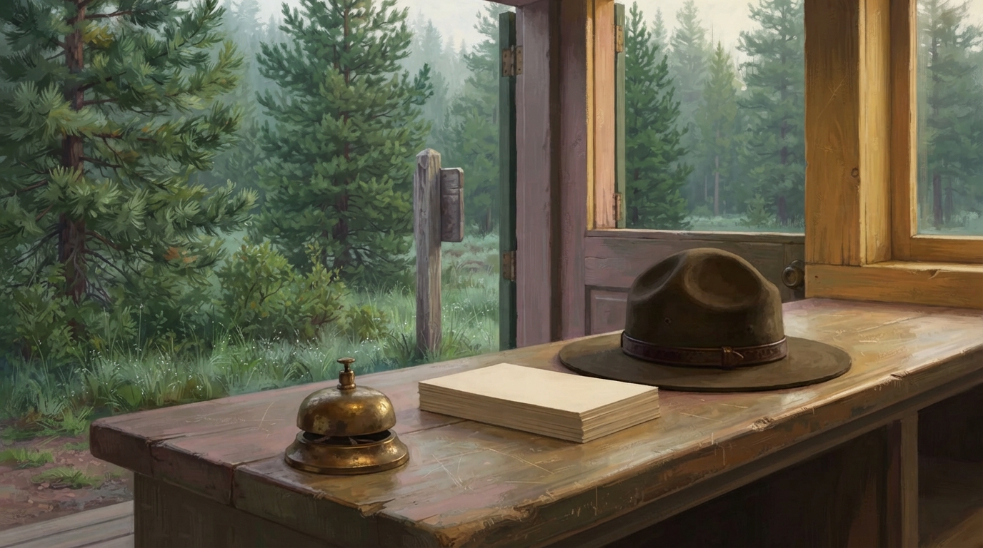 Editorial illustration of A weathered wooden ranger-station counter sits at dawn, an old brass bell perched at its edge beside a stack of blank pa