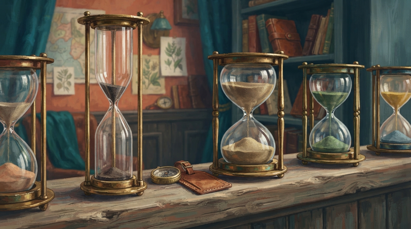 Editorial illustration of A row of ornate brass-framed hourglasses of wildly different shapes stands on a weathered wooden ledge, representing when to book 2027 trip