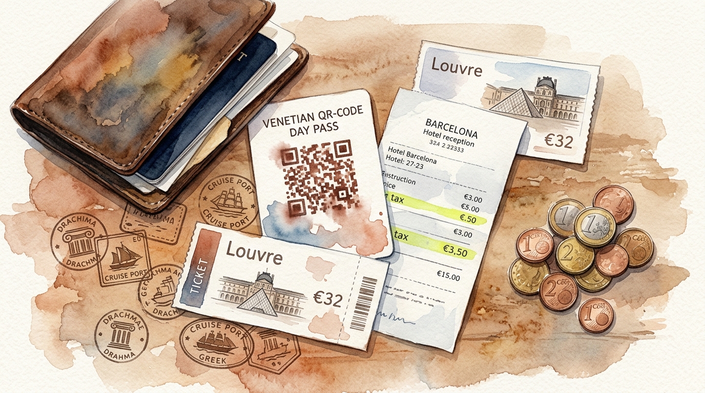 Aquarellillustration einer Hotelrezeption von oben, auf der sich die steigenden Kosten einer Europareise ansammeln