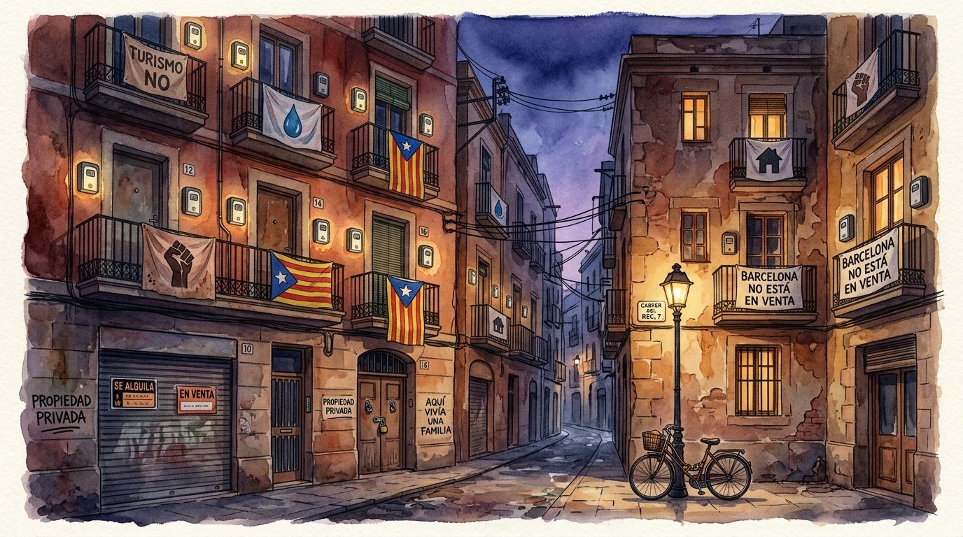 Aquarellillustration einer engen Seitenstraße in Barcelona bei Abenddämmerung, jeder Balkon mit Bettlaken bedeckt, die gemalte Protestsymbole tragen – Fäuste, Wassertropfen