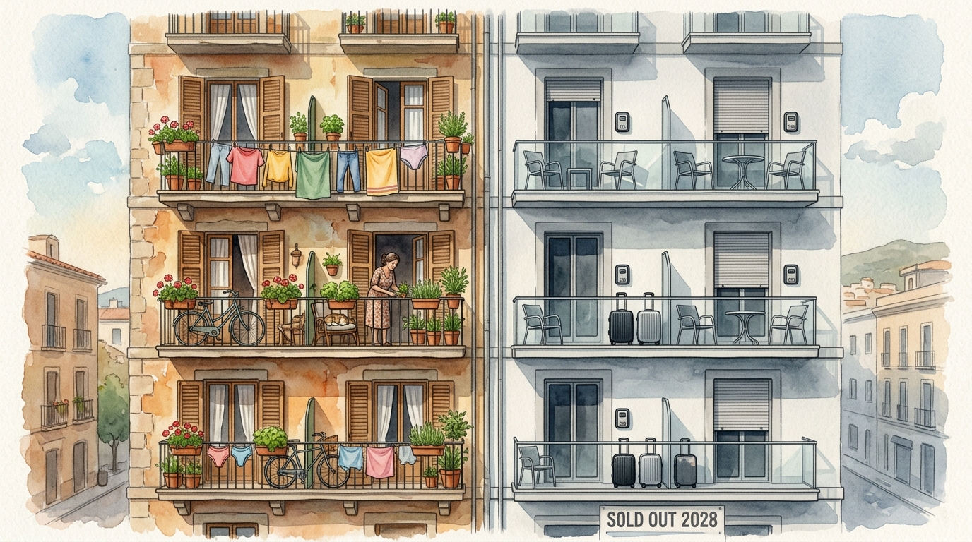 Aquarellillustration einer mediterranen Hausfassade, in der Mitte geteilt: links warme, bewohnte Balkone mit Pflanzen und Wäsche, rechts sterile Touristenwohnungen