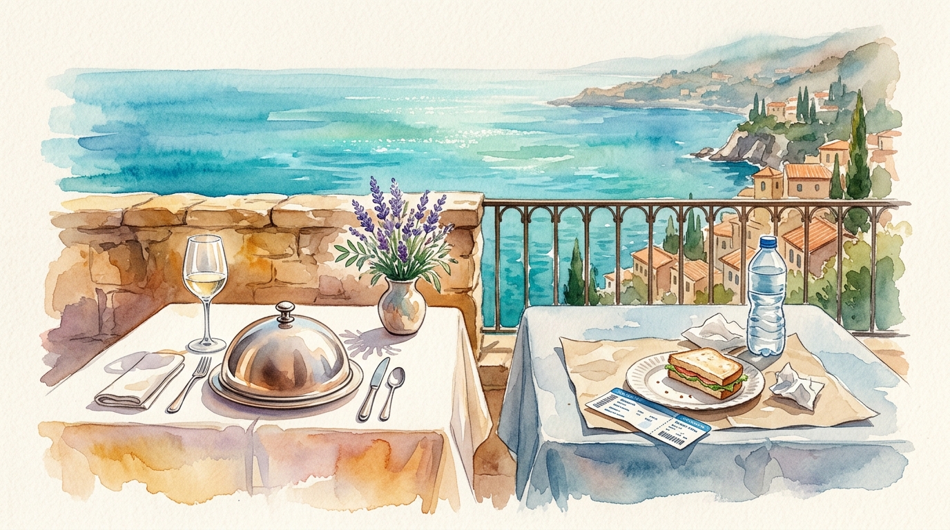 Aquarellillustration zweier Cafétische nebeneinander auf einer europäischen Terrasse mit Meerblick