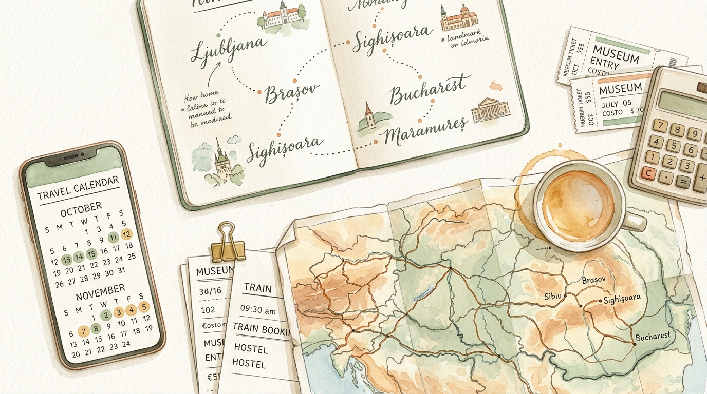 Aquarellillustration eines Reiseplanungs-Schreibtischs: ein offenes Notizbuch mit handgeschriebener Rundreise-Route durch Europa (Städte verbunden durch gepunktete Linien)