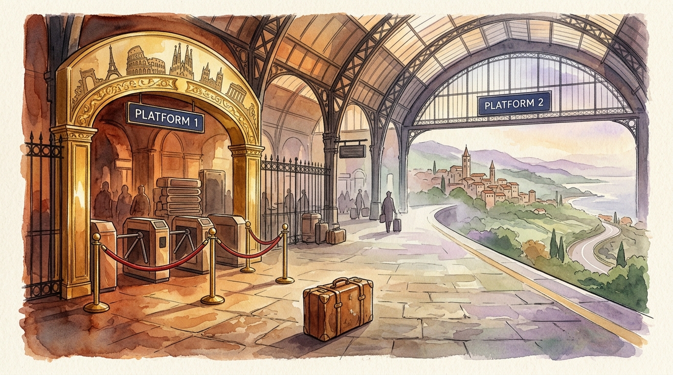 Aquarellillustration einer großen europäischen Bahnhofshalle von innen gesehen, mit zwei sich gabelnden Bahnsteigen