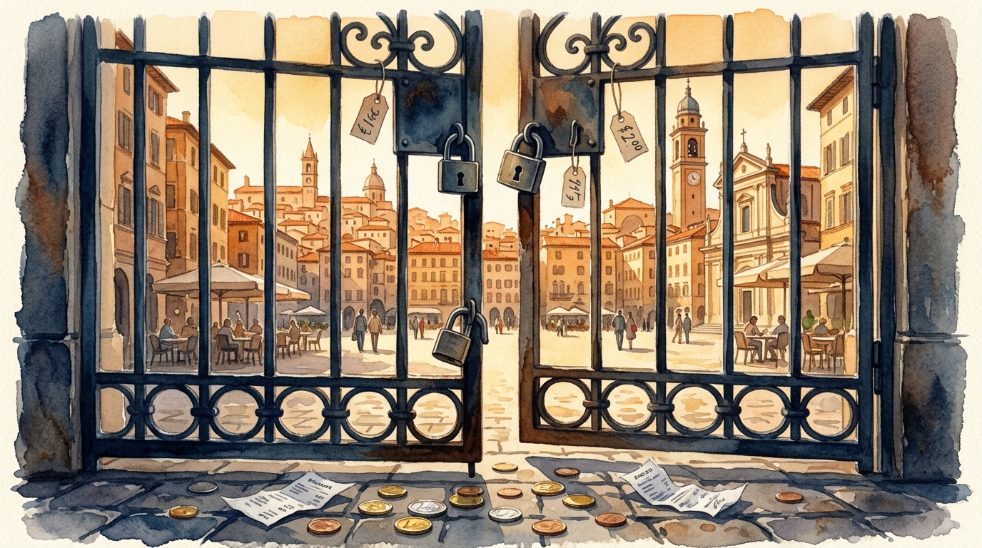 Watercolor illustration of a grand European piazza seen through an ornate iron gate that is swinging shut, heavy padlocks and dangling paper price , representing Europe overtourism backlash 2026
