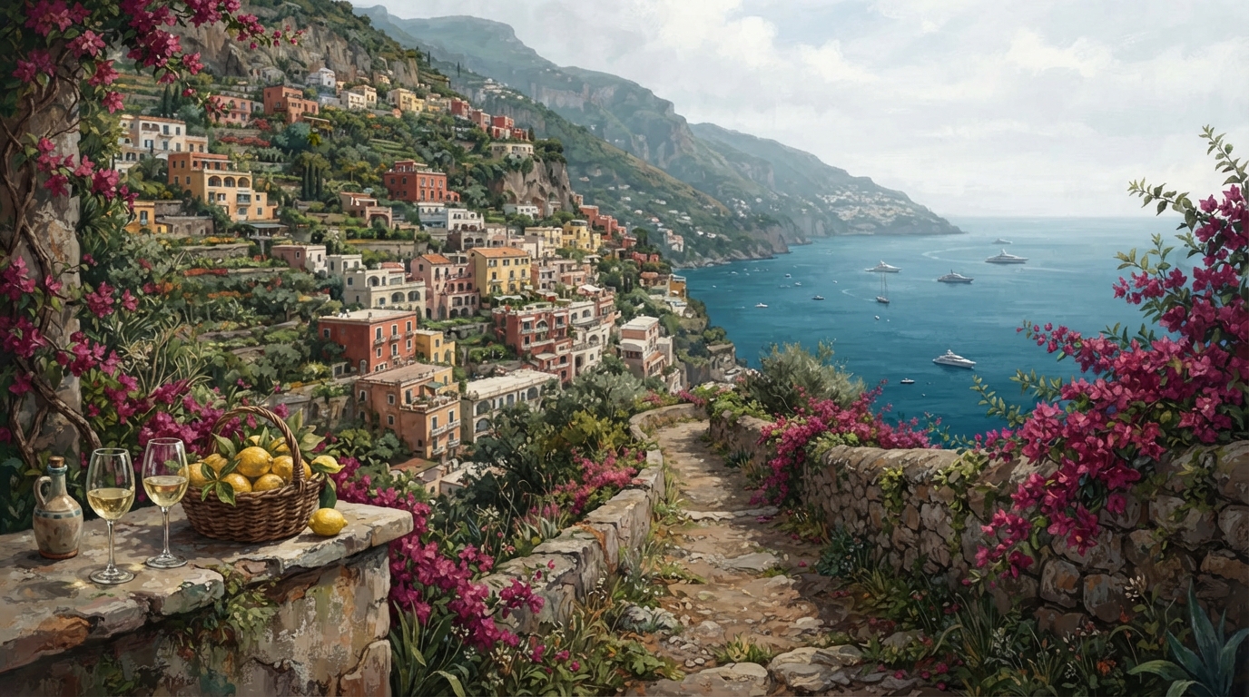Editorial illustration of A narrow cliffside path above Positano lined with deep pink bougainvillea and pastel lemon-yellow buildings stacked up t