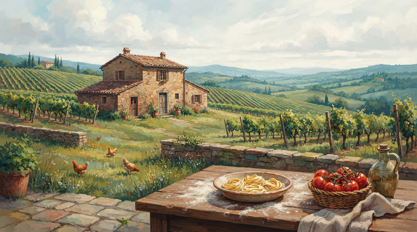 Editorial illustration of A stone Tuscan farmhouse framed by neat rows of grapevines on a rolling hillside, a wooden table set outside with a shal