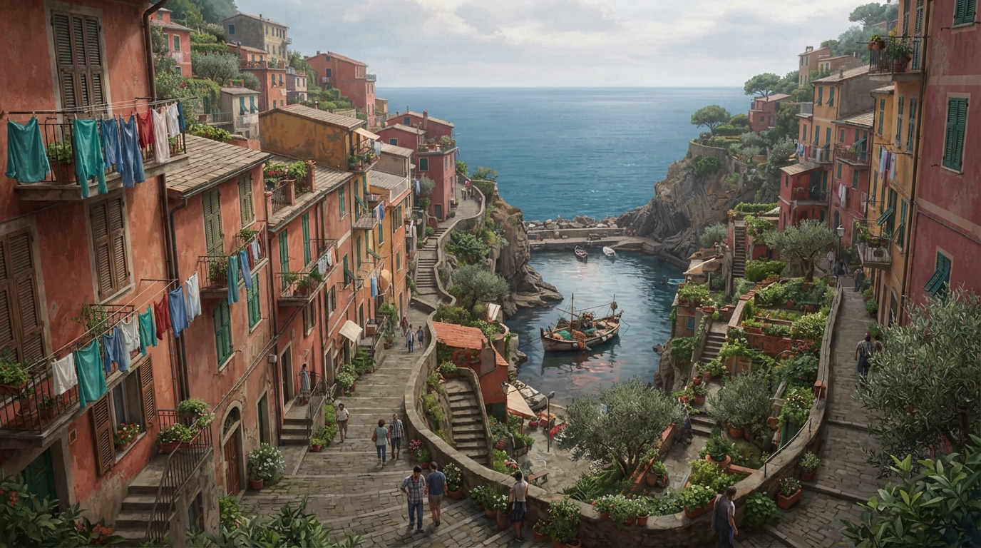 Editorial illustration of A steep ravine lined with stacked pastel houses in ochre, coral, and dusty rose, laundry lines strung between narrow bal