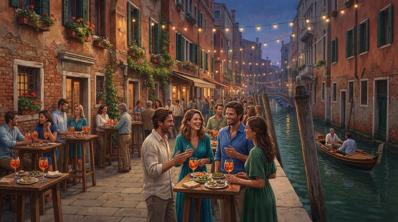 Editorial illustration of A narrow Venetian canal-side alley crowded with small standing tables, spritz glasses in bright orange resting beside sm