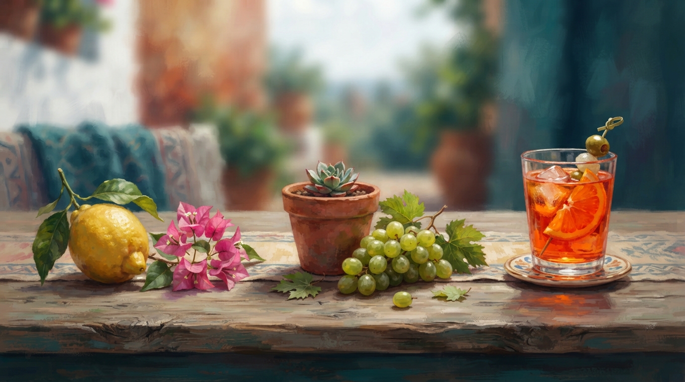 Editorial illustration of Three small objects arranged in a row on a weathered wooden table under soft directional light: a lemon and a sprig of p