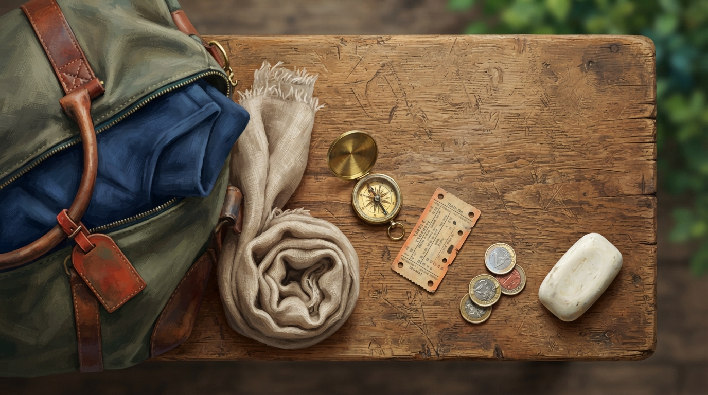 Editorial illustration of Overhead flat-lay of travel preparation items on a weathered oak table: a punched train ticket stub seen edge-on, a worn