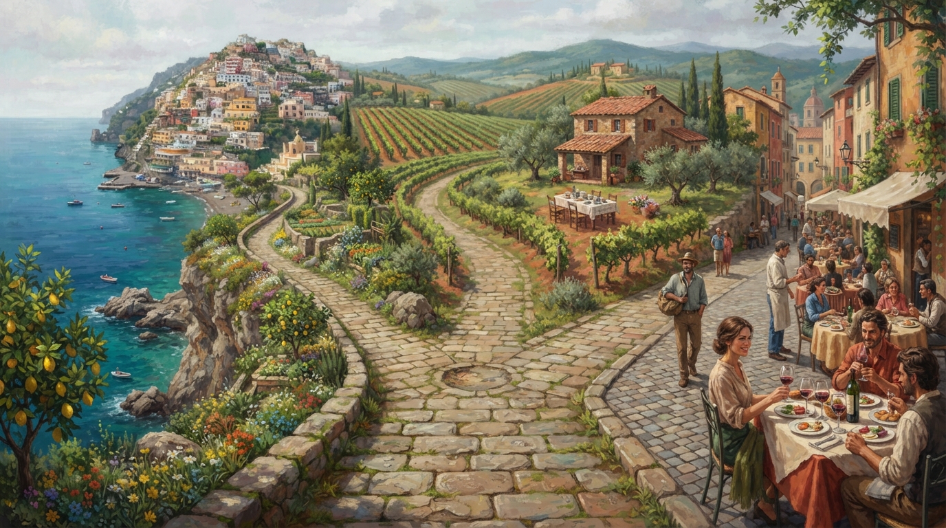 Editorial illustration of A single stone path splits into three diverging trails across one continuous elevated landscape, representing 10 day italy itinerary for groups