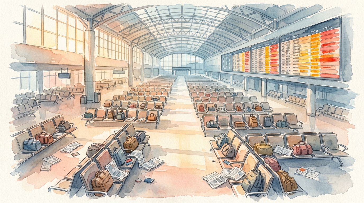 Watercolor illustration of a vast airport departures hall seen from a high angle, every seat occupied by abandoned carry-on bags and scattered news