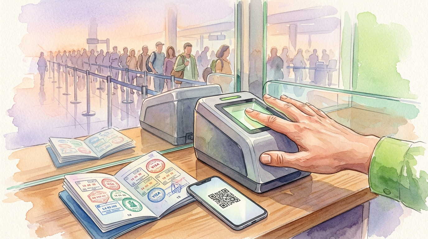 Watercolor illustration of a close-up biometric fingerprint scanner station at a border control booth, with a passport lying open beside it showing