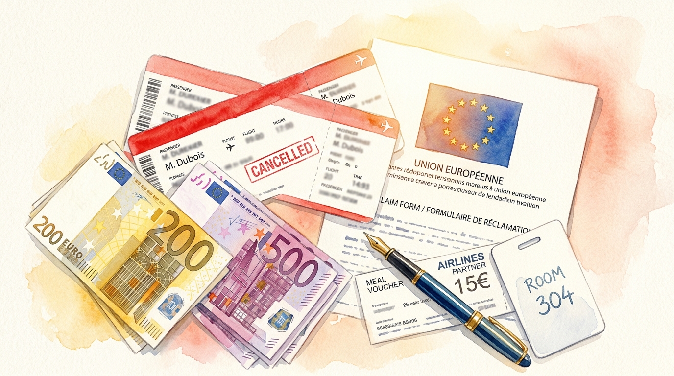 Watercolor illustration of an overhead flat-lay showing a cancelled boarding pass with a bold red stripe across it, stacked euro banknotes in denom