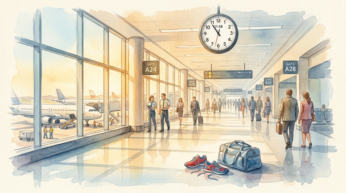 Watercolor illustration of a long airport terminal corridor stretching into deep perspective, with numbered gates visible on both sides and large w