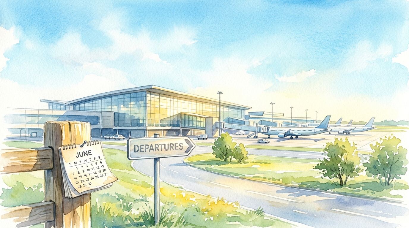 Watercolor illustration of a bright European airport exterior seen from the approach road on a clear summer morning, with a modern glass terminal b