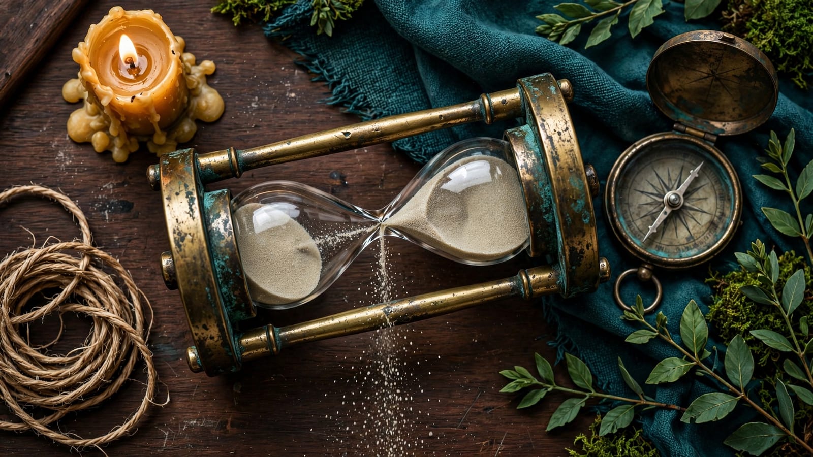 A brass hourglass with sand frozen mid-fall beside a compass, evoking a countdown to a fixed date