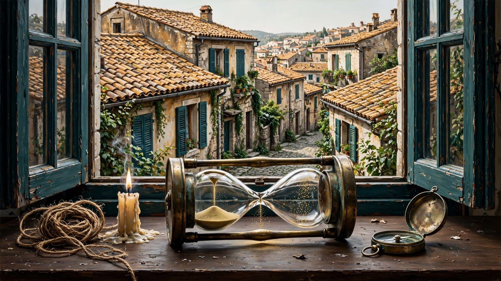A brass hourglass with sand frozen mid-fall beside a compass, evoking a countdown to a fixed date