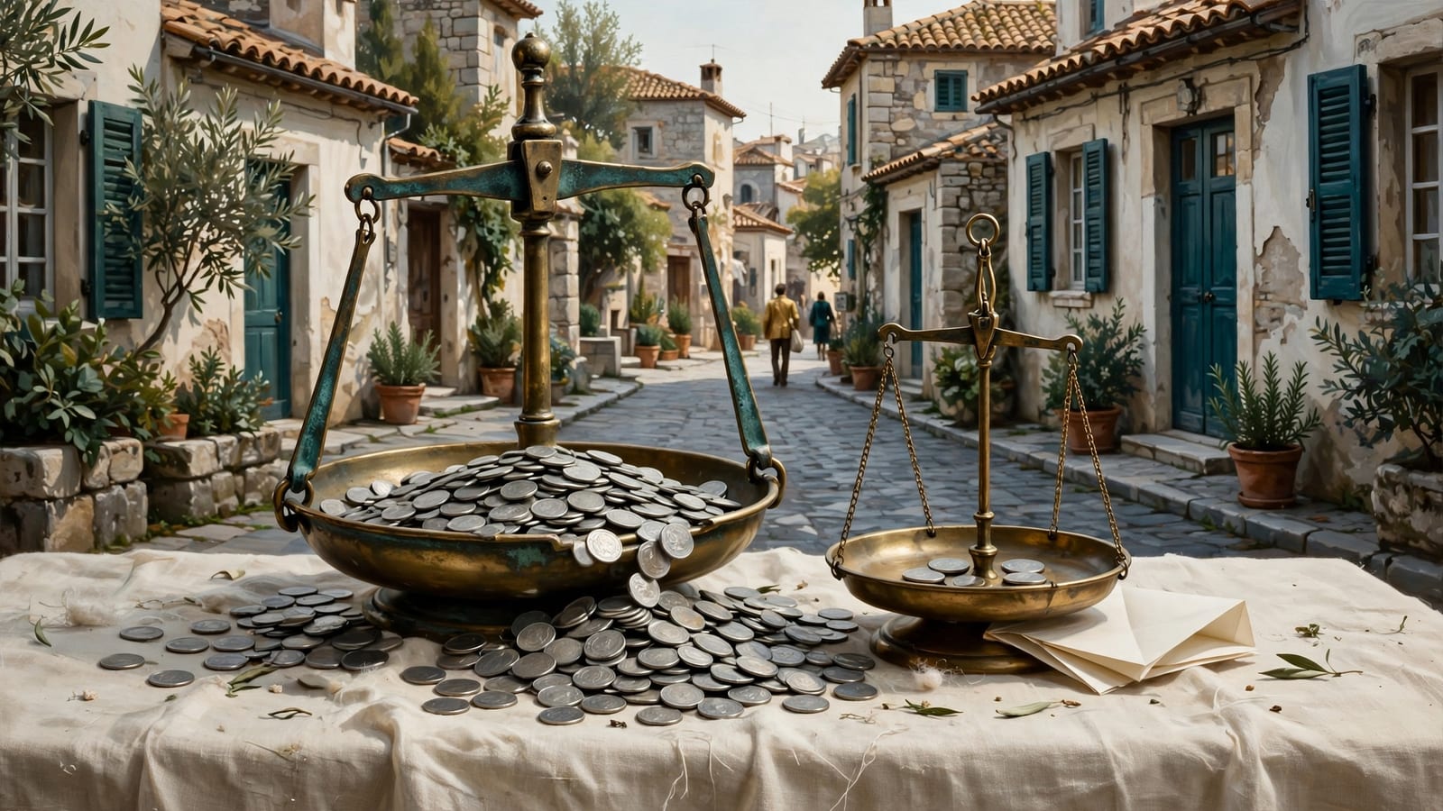 Two unequal piles of coins on a shared tablecloth, evoking a group splitting an uneven bill