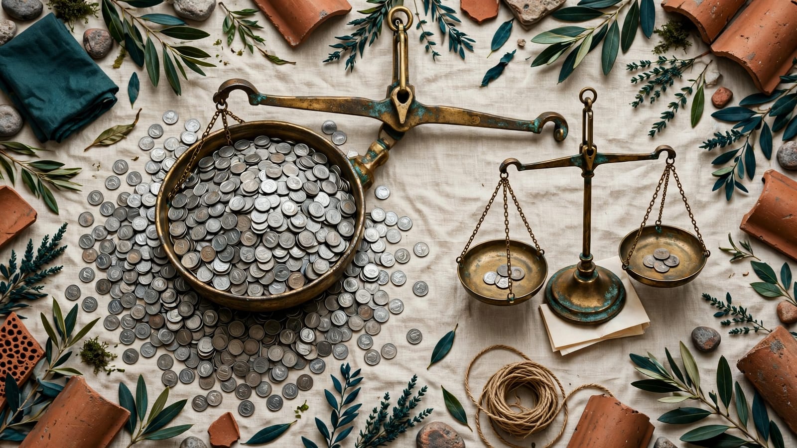 Two unequal piles of coins on a shared tablecloth, evoking a group splitting an uneven bill