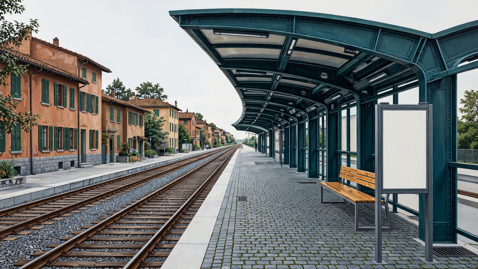 A modern light rail platform with a curved canopy, evoking a transfer point on the way to the stadium