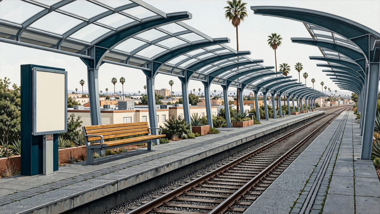A modern light rail platform with a curved canopy, evoking a transfer point on the way to the stadium