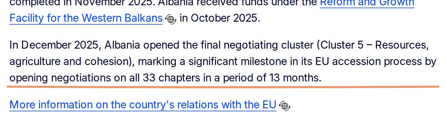 The European Commission's enlargement page stating Albania opened its final EU accession negotiating cluster in December 2025, putting all 33 chapters on the table within 13 months