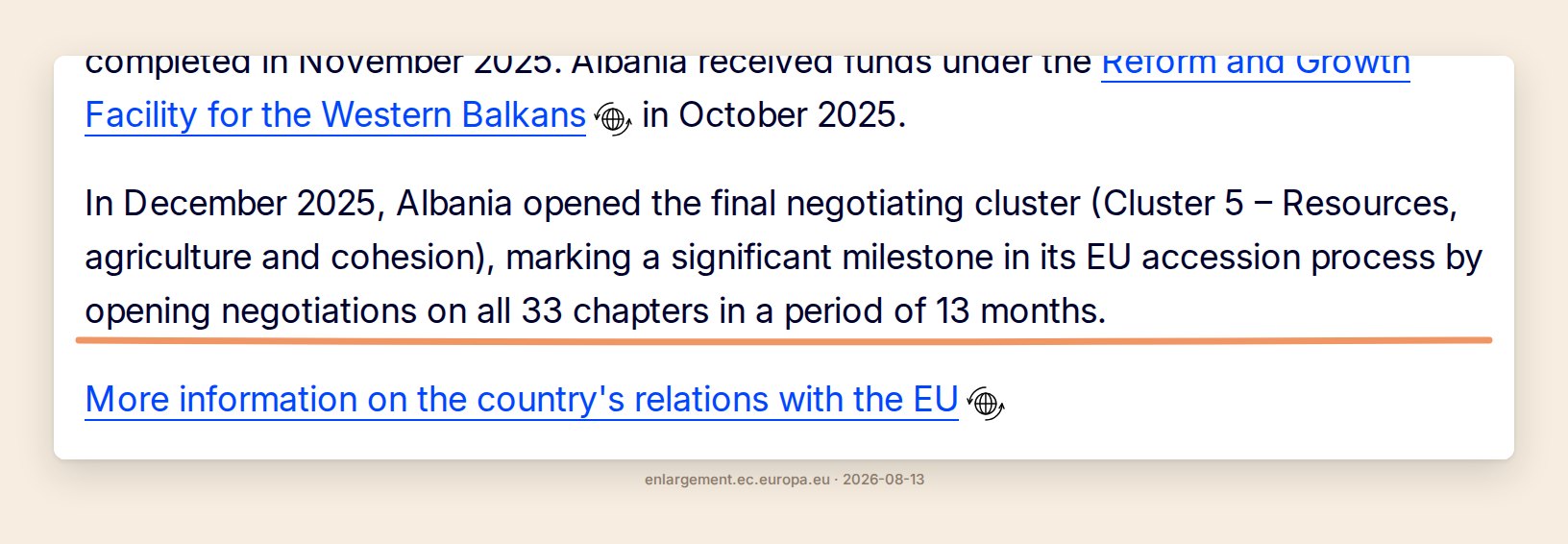The European Commission's enlargement page stating Albania opened its final EU accession negotiating cluster in December 2025, putting all 33 chapters on the table within 13 months