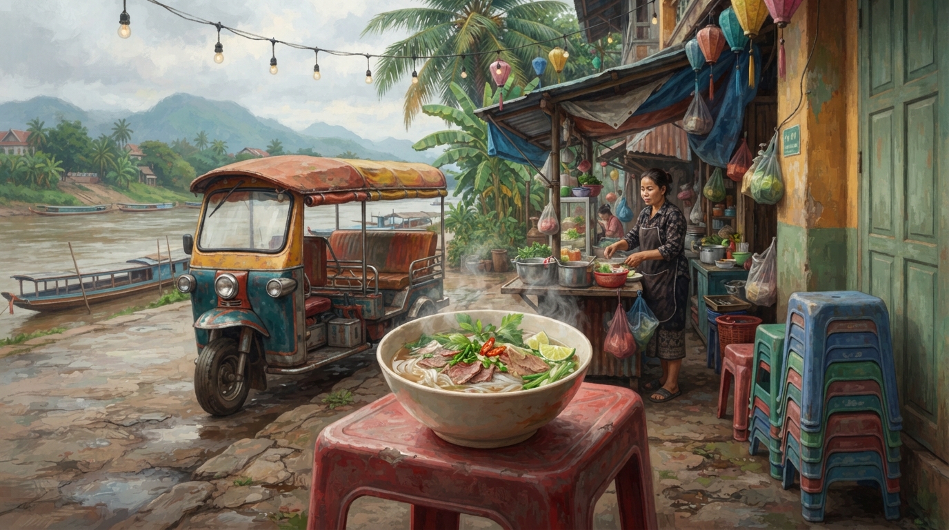 Editorial illustration of A steaming bowl of pho sits streamside on a low plastic stool outside a Mekong-adjacent noodle stall, a parked tuk-tuk j