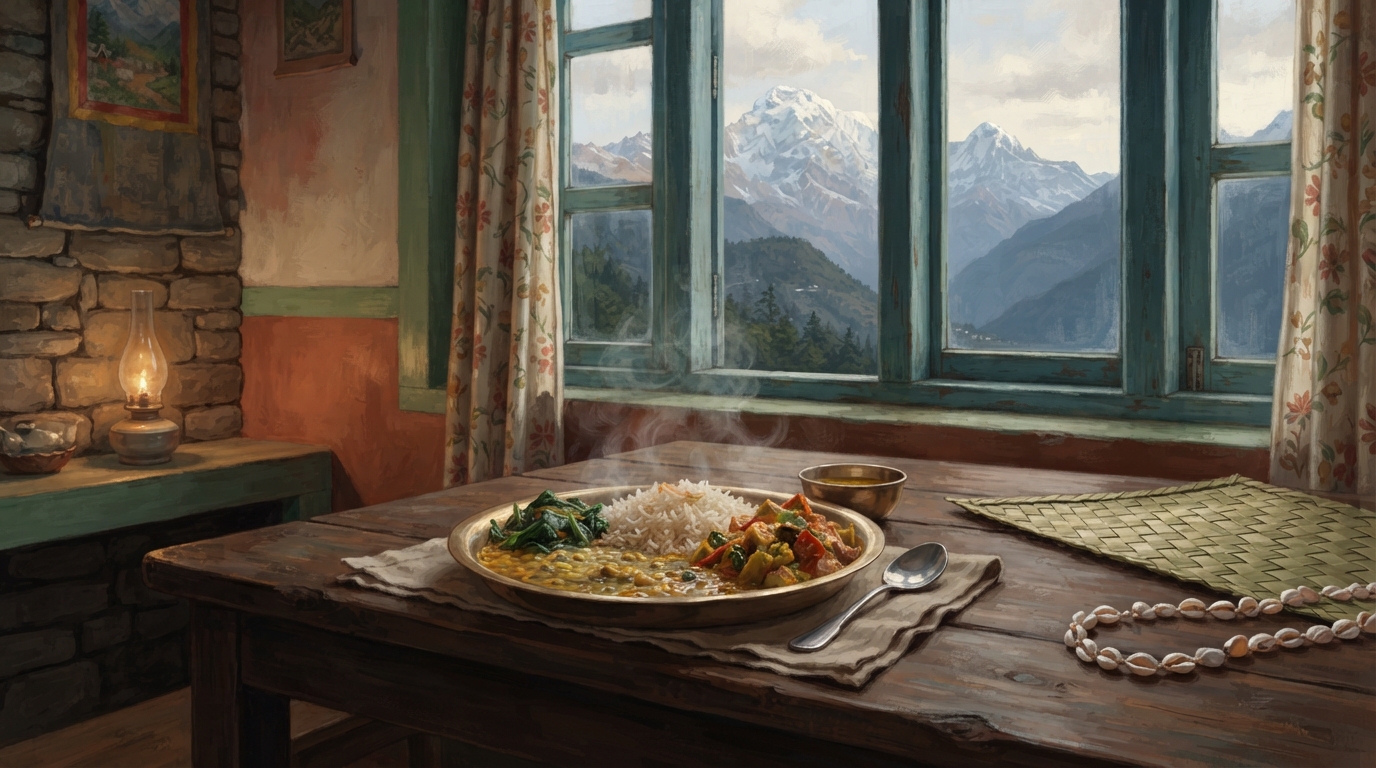 Editorial illustration of A steaming plate of dal bhat, rice, lentils, and a small mound of greens, rests on a low wooden table beside a guesthous