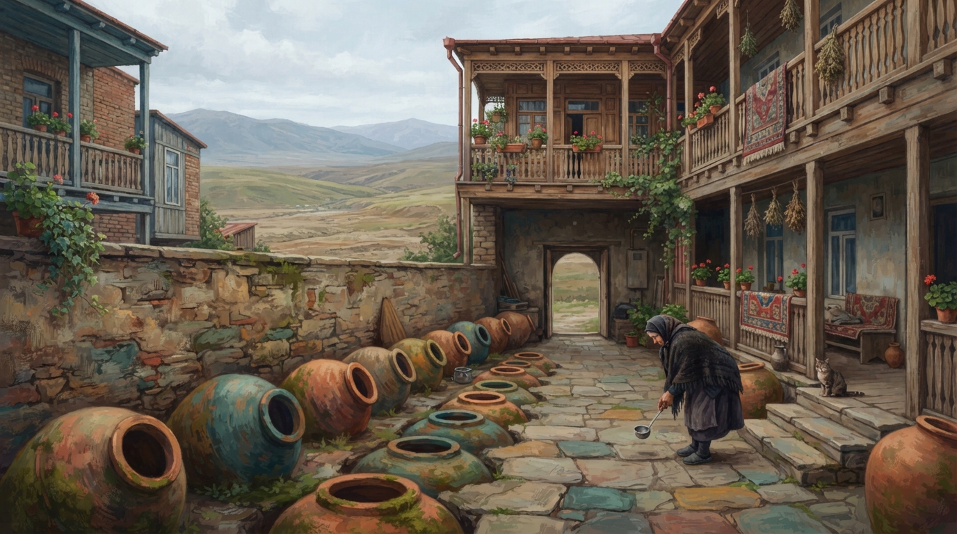 Editorial illustration of Rows of buried clay qvevri wine vessels line a stone courtyard wall in Tbilisi's Old Town, carved wooden balconies risin